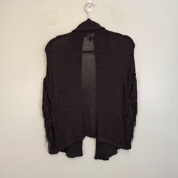 Bebe Poncho Cardigan Women M Black Fringed Shawl Collar Open Knit Sweater Winter - Picture 2 of 9